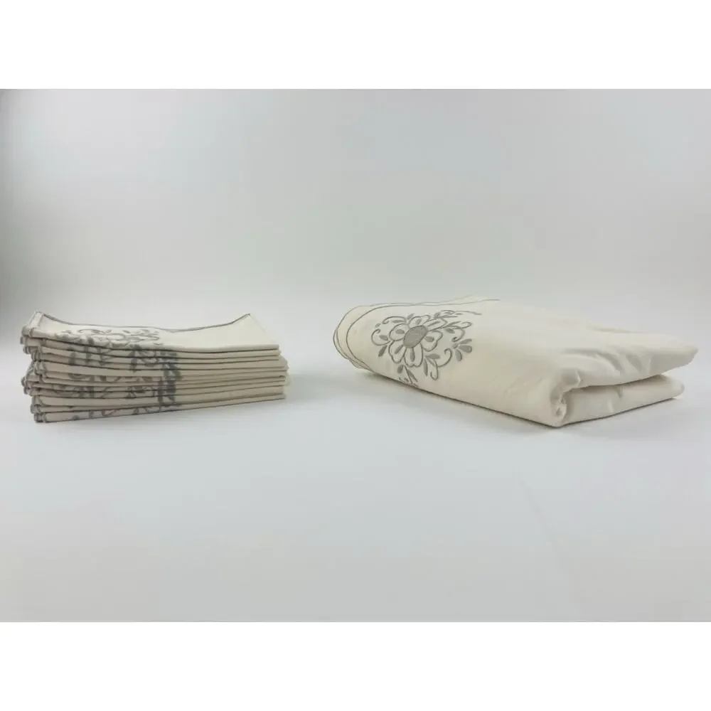 Vintage Large Tablecloth and 12 Napkins Embroidered Cream Grey Floral Bell Gray